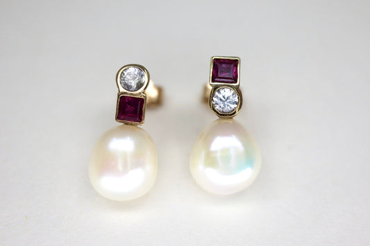 Diamond, Ruby & Pearl Gold Earrings