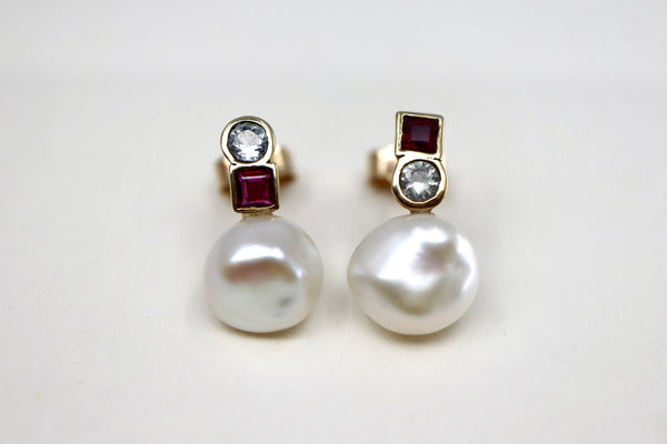 Diamond, Ruby & Keshi Gold Mini Earrings